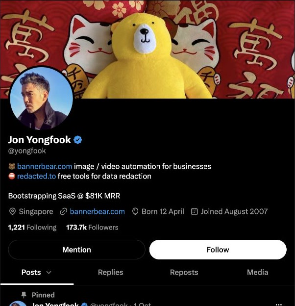 Screenshot of Jon Yongfook's X profile